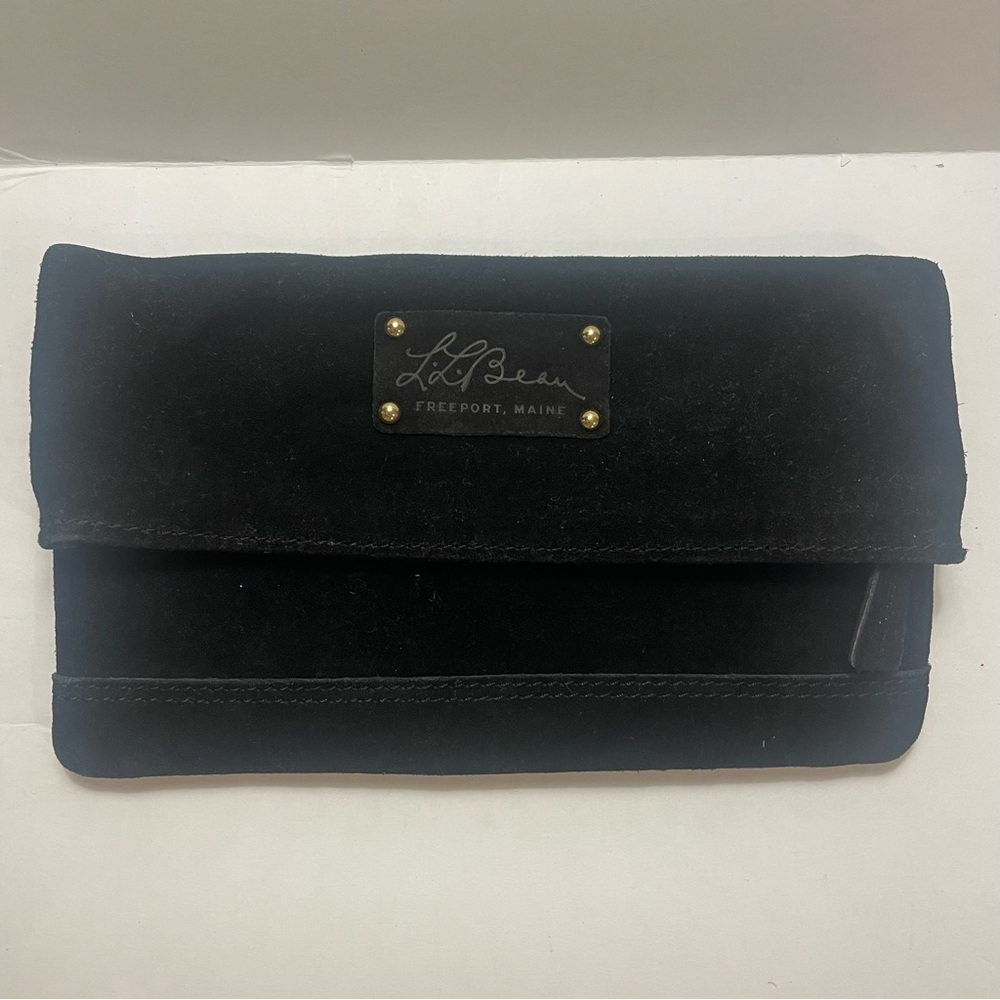 L.L. Bean black Suede Fold Over Clutch Handbag. Pre-owned